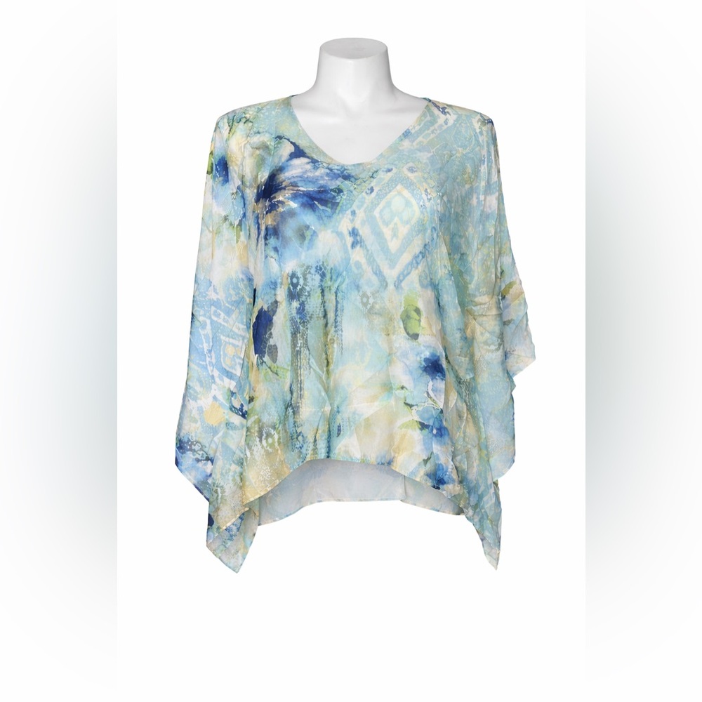 Chico’s Abstract Print V-Neck Poncho Top S/M Lightweight Boho Back Blouse